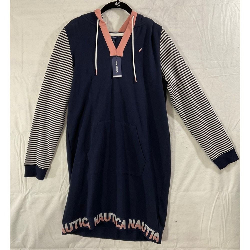 Nautica Hoodie Dress Womens Large Navy Blue‎ Striped Sleeve Logo Hem 07D922 NEW